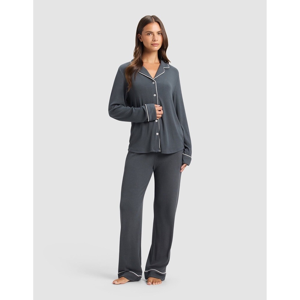 Cozy Earth Women's Bamboo Rib Knit Collared Button-Up Pajama Set 2XL Gray - Picture 1 of 8